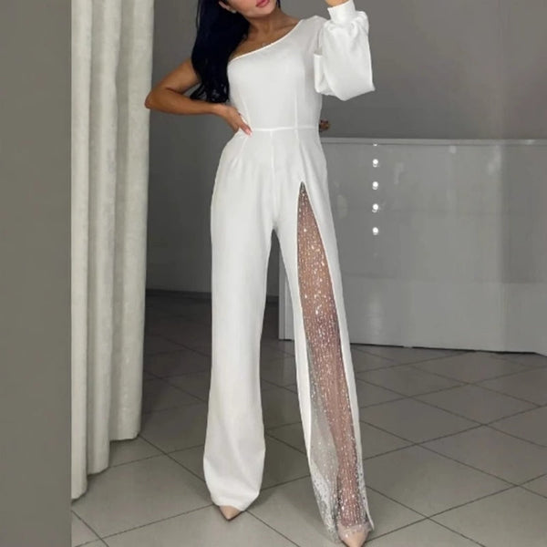 Damen Ein-Schulter Jumpsuit | Glitzernde Netzdetails | Figurbetonte Passform | Eleganter Abendlook