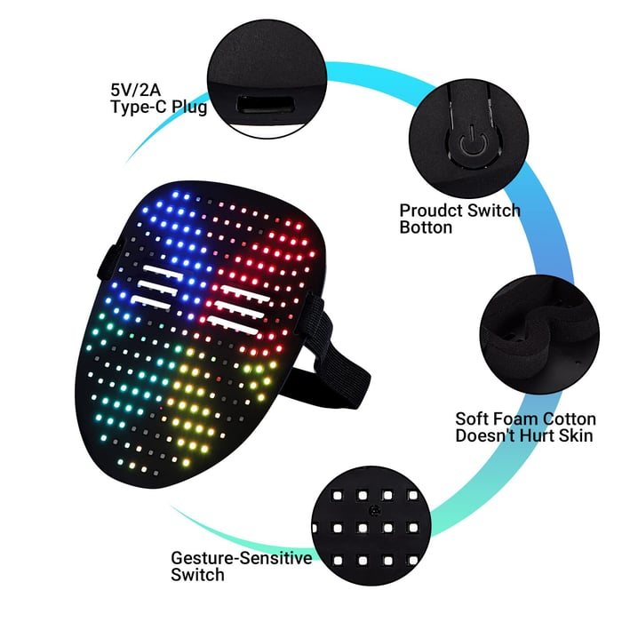 Wiederaufladbare LED-Maske | 50 Leuchtmuster & Gestensteuerung | Verstellbar & Leicht | Für Erwachsene & Kinder