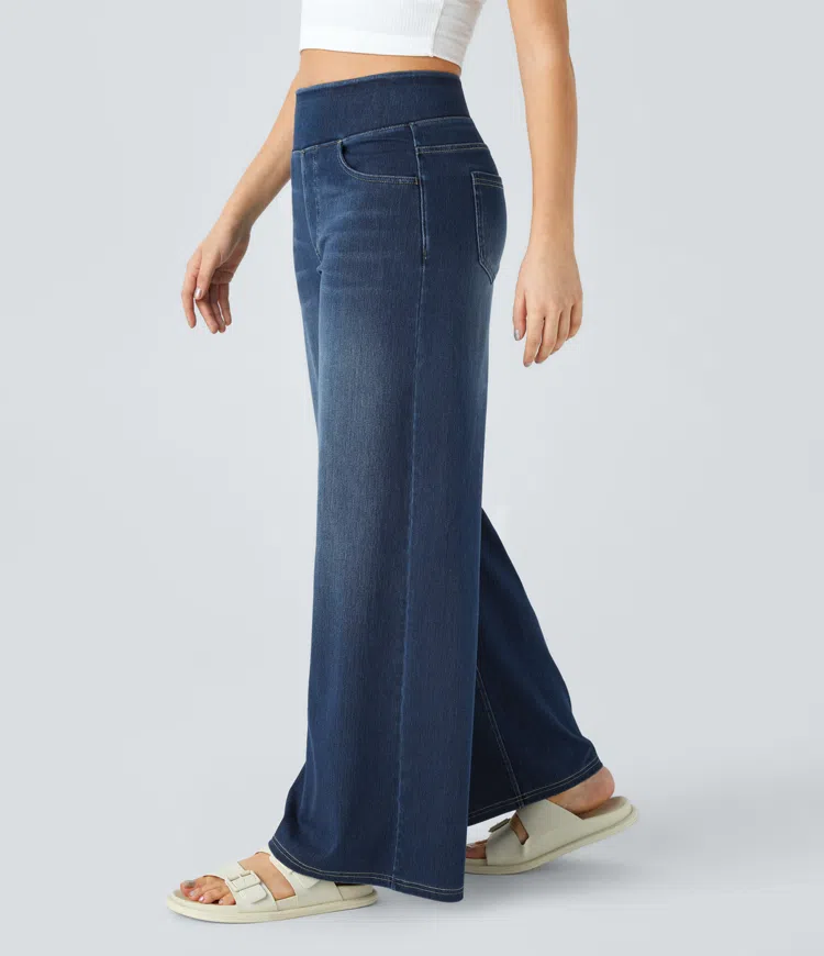 Damen Jeans mit hohem Bund | Super Stretch Stoff | Weites Bein | Bequeme Passform | Zeitloser Stil