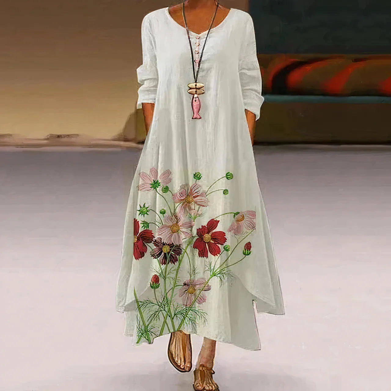 Damen Sommerkleid | Doppellagig & Bedruckt | Maxi-Länge Mit Langarm Design