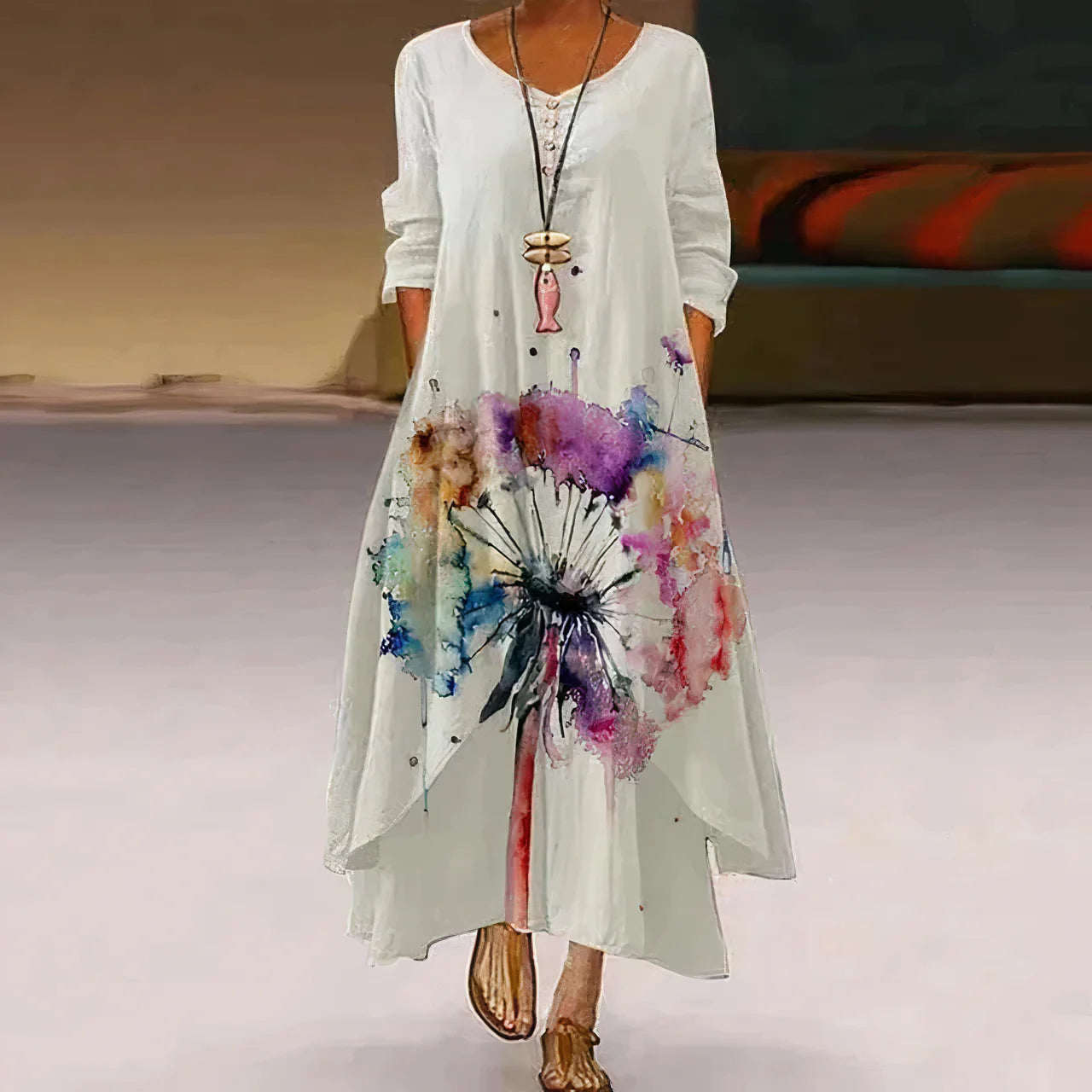 Damen Sommerkleid | Doppellagig & Bedruckt | Maxi-Länge Mit Langarm Design