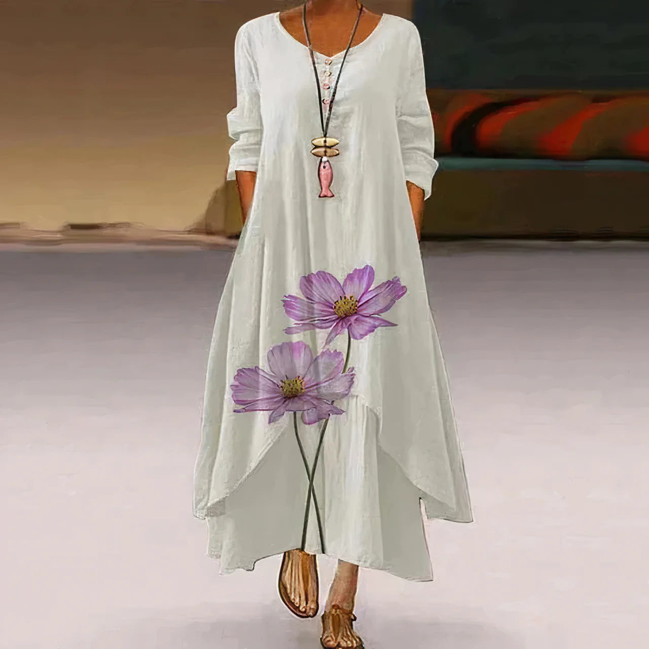 Damen Sommerkleid | Doppellagig & Bedruckt | Maxi-Länge Mit Langarm Design