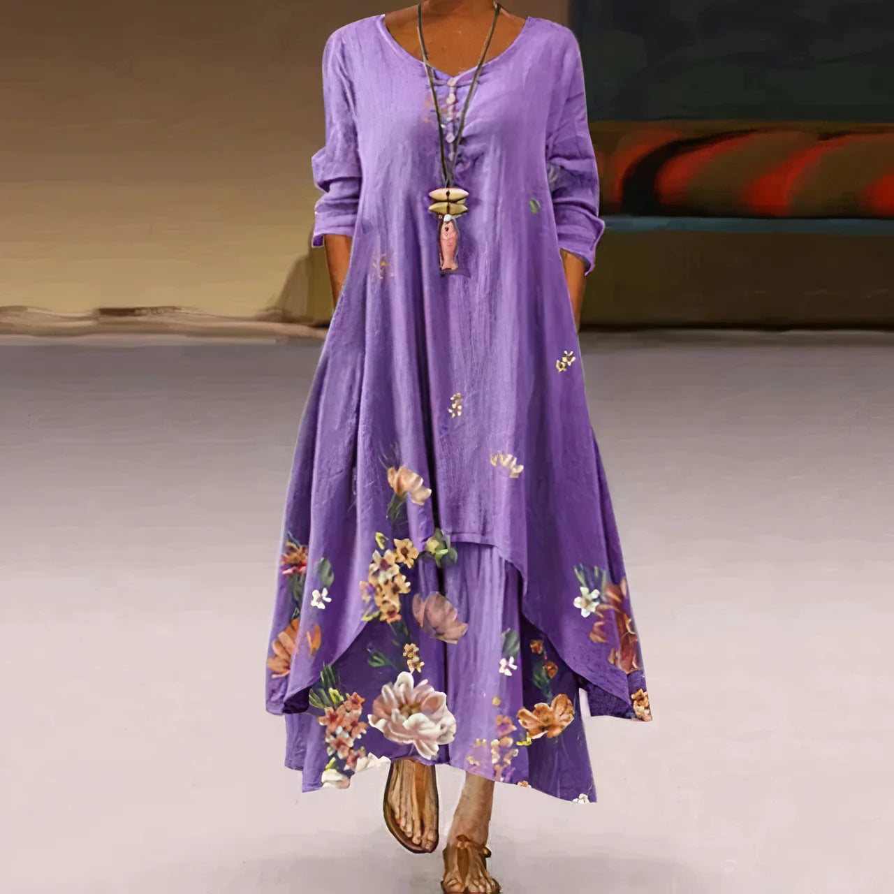 Damen Sommerkleid | Doppellagig & Bedruckt | Maxi-Länge Mit Langarm Design