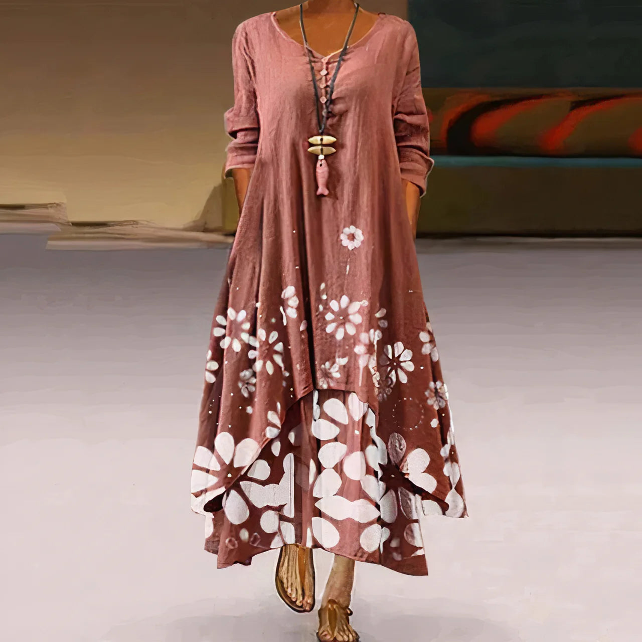 Damen Sommerkleid | Doppellagig & Bedruckt | Maxi-Länge Mit Langarm Design