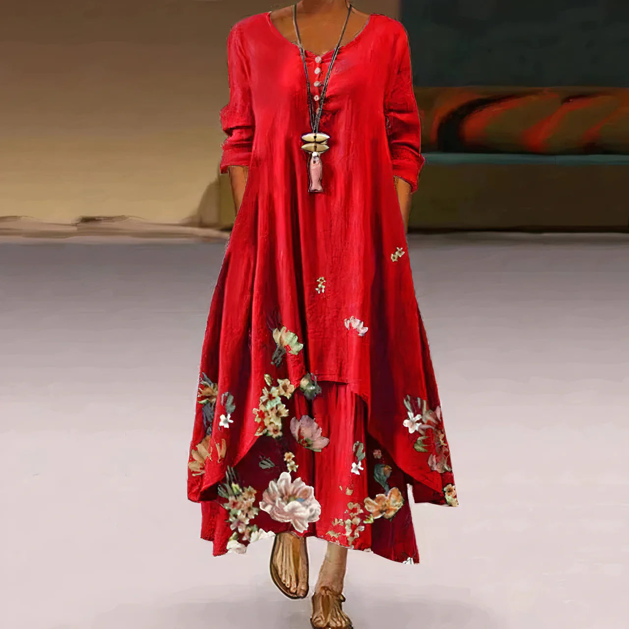 Damen Sommerkleid | Doppellagig & Bedruckt | Maxi-Länge Mit Langarm Design