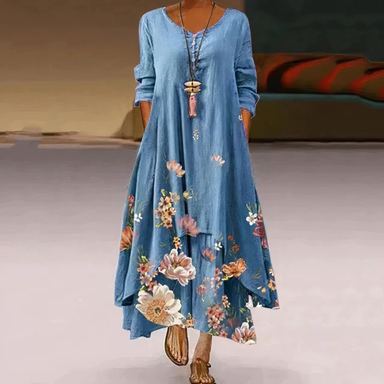 Damen Sommerkleid | Doppellagig & Bedruckt | Maxi-Länge Mit Langarm Design