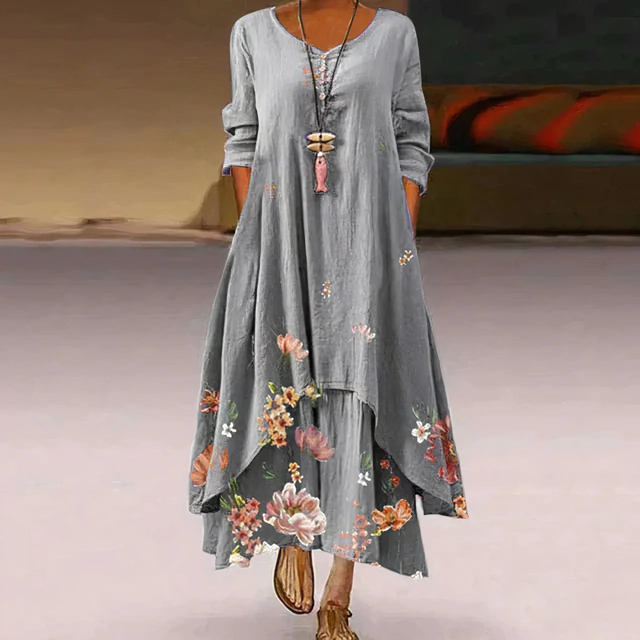 Damen Sommerkleid | Doppellagig & Bedruckt | Maxi-Länge Mit Langarm Design