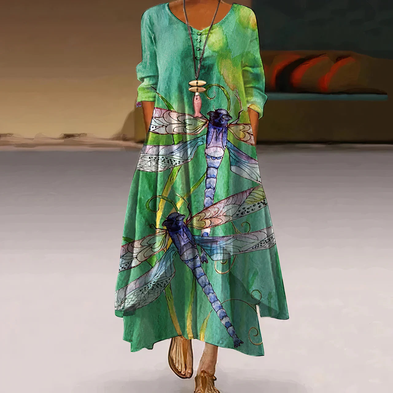 Damen Sommerkleid | Doppellagig & Bedruckt | Maxi-Länge Mit Langarm Design