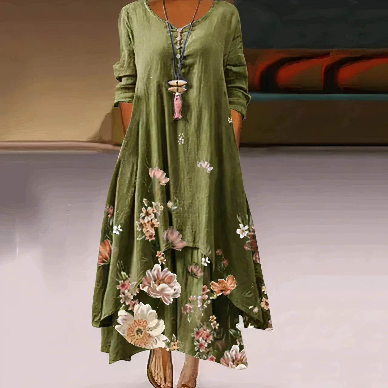 Damen Sommerkleid | Doppellagig & Bedruckt | Maxi-Länge Mit Langarm Design
