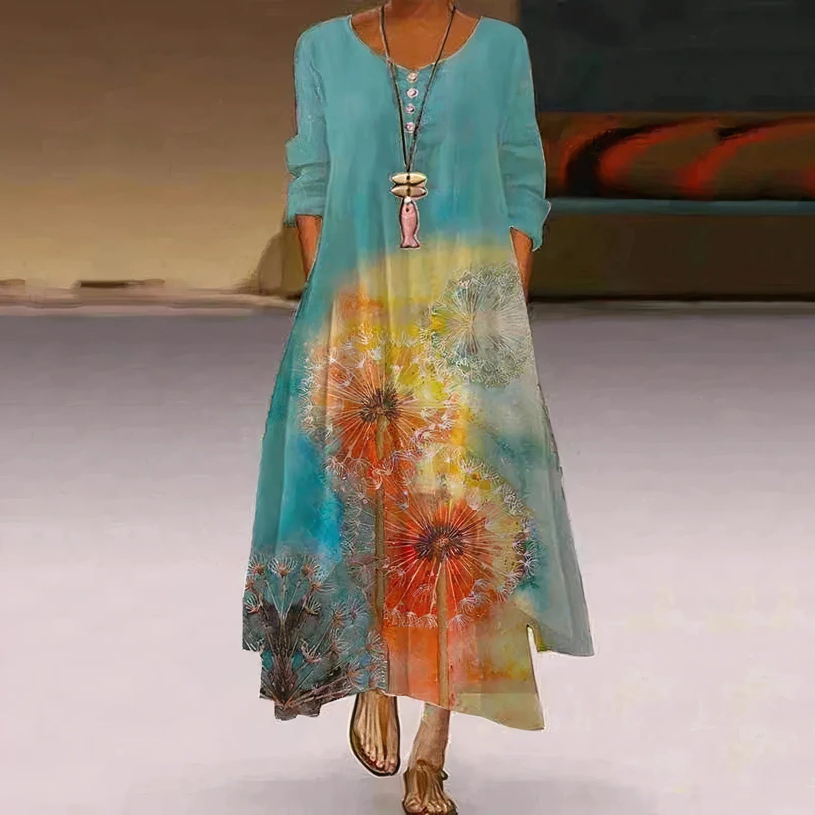 Damen Sommerkleid | Doppellagig & Bedruckt | Maxi-Länge Mit Langarm Design