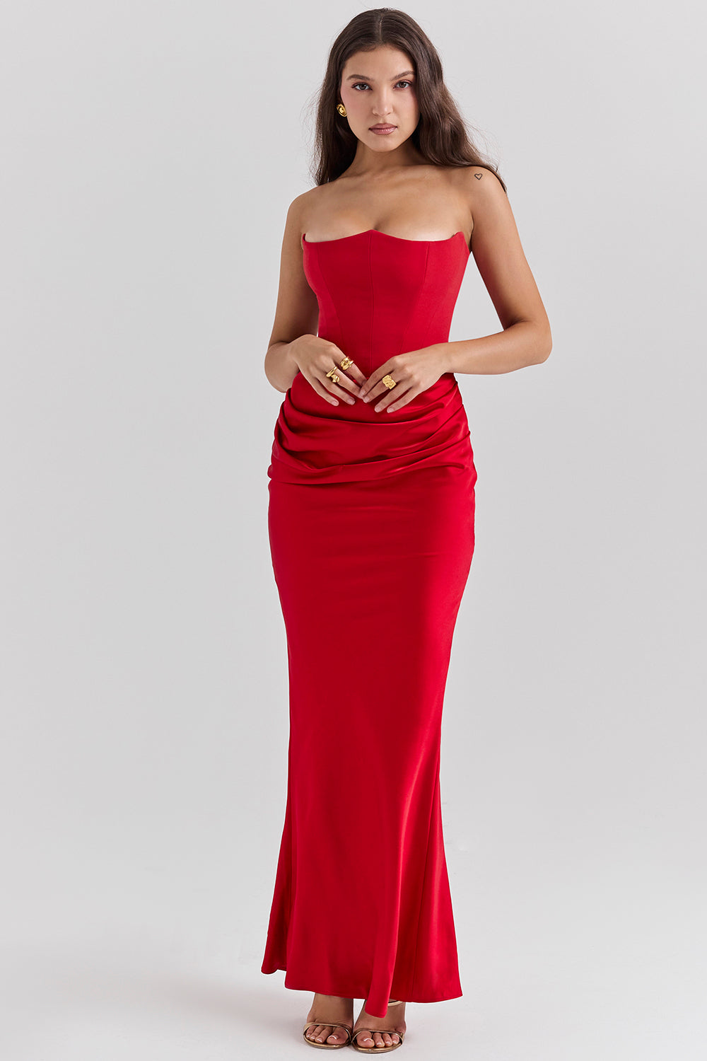 Renata – Schulterfreies Satin Korsett Maxi-Kleid für Damen