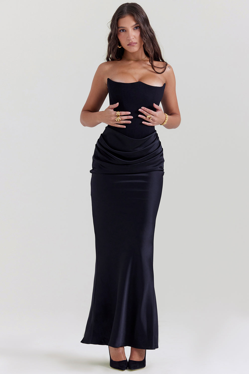 Renata – Schulterfreies Satin Korsett Maxi-Kleid für Damen