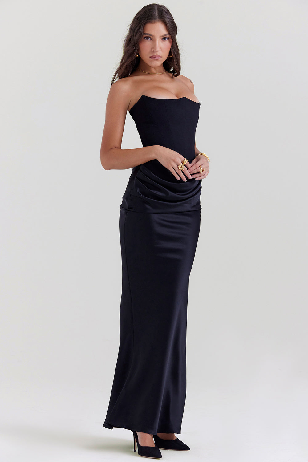 Renata – Schulterfreies Satin Korsett Maxi-Kleid für Damen