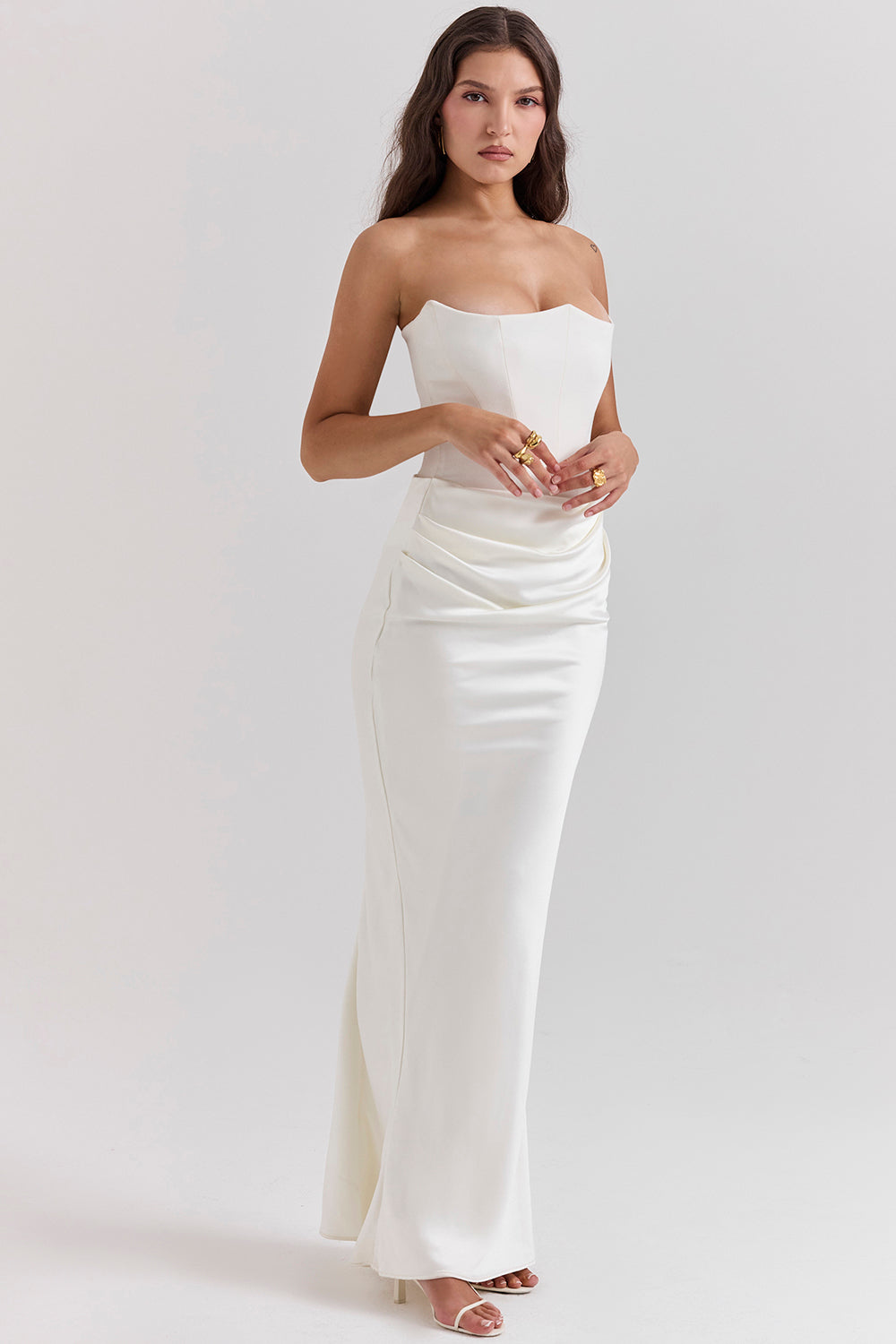 Renata – Schulterfreies Satin Korsett Maxi-Kleid für Damen