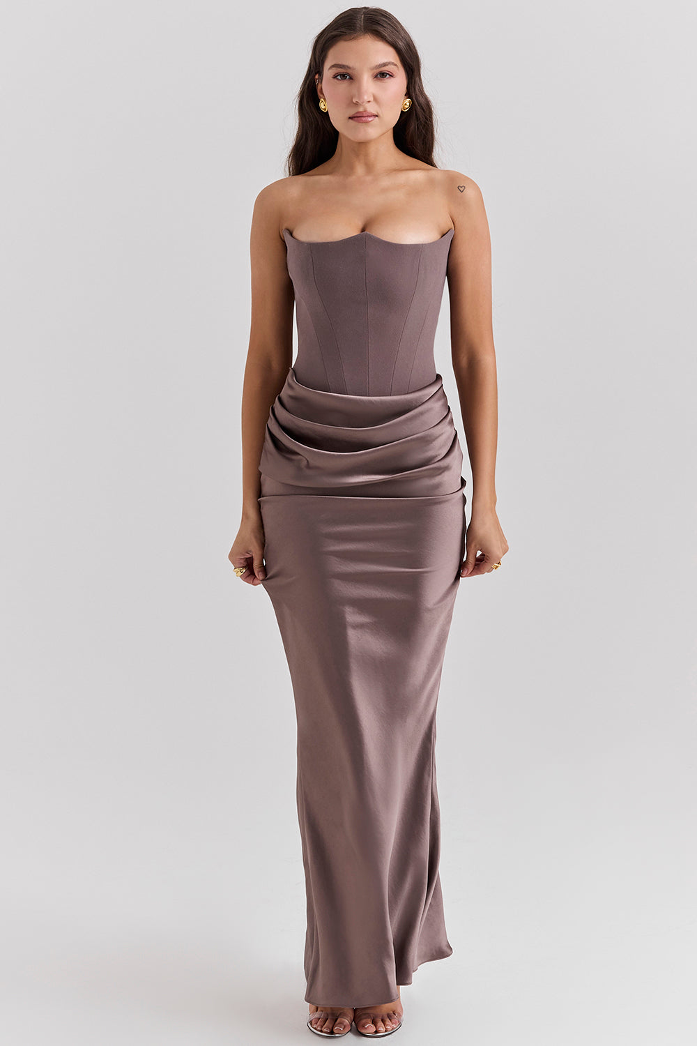 Renata – Schulterfreies Satin Korsett Maxi-Kleid für Damen