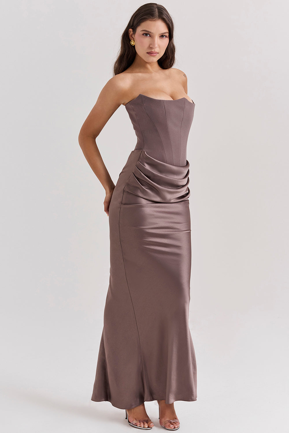 Renata – Schulterfreies Satin Korsett Maxi-Kleid für Damen