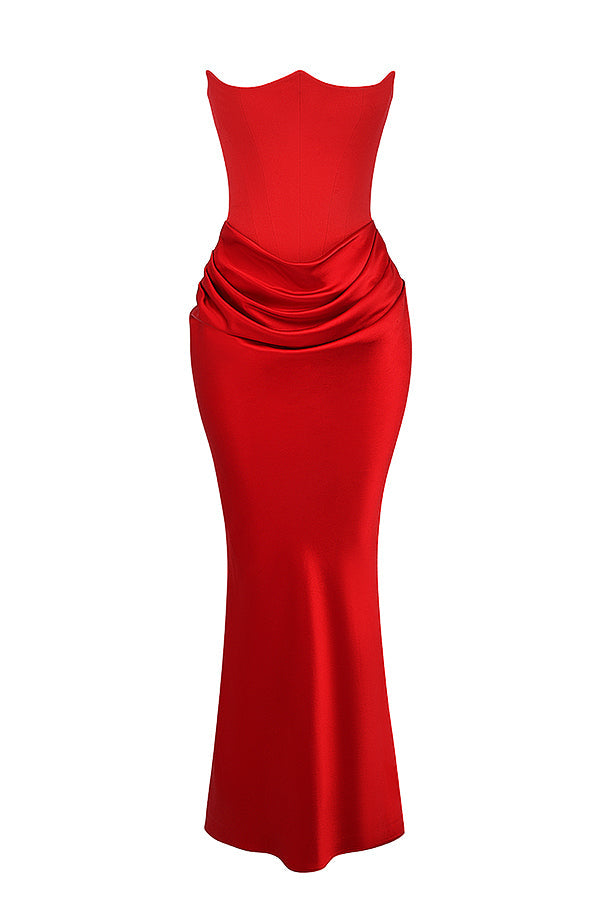 Renata – Schulterfreies Satin Korsett Maxi-Kleid für Damen